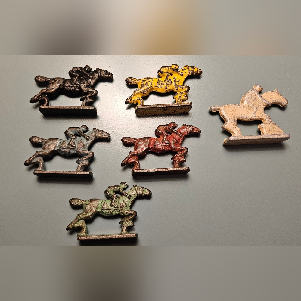 5 Antique Cast Iron Racehorse And Rider Pieces, Game Pieces?